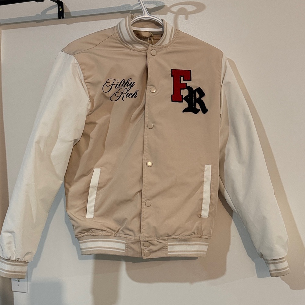 SEVEN Souls NWOT 'Filthy Rich' White Varsity Bomber Jacket Youth 14/16